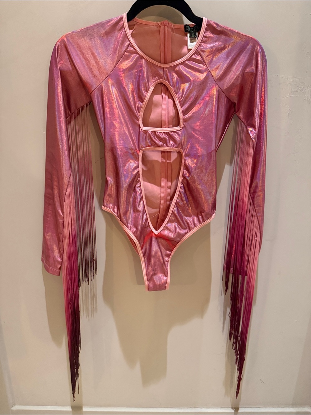 Pink Metallic Fringe Long-Sleeve Cutout Bodysuit